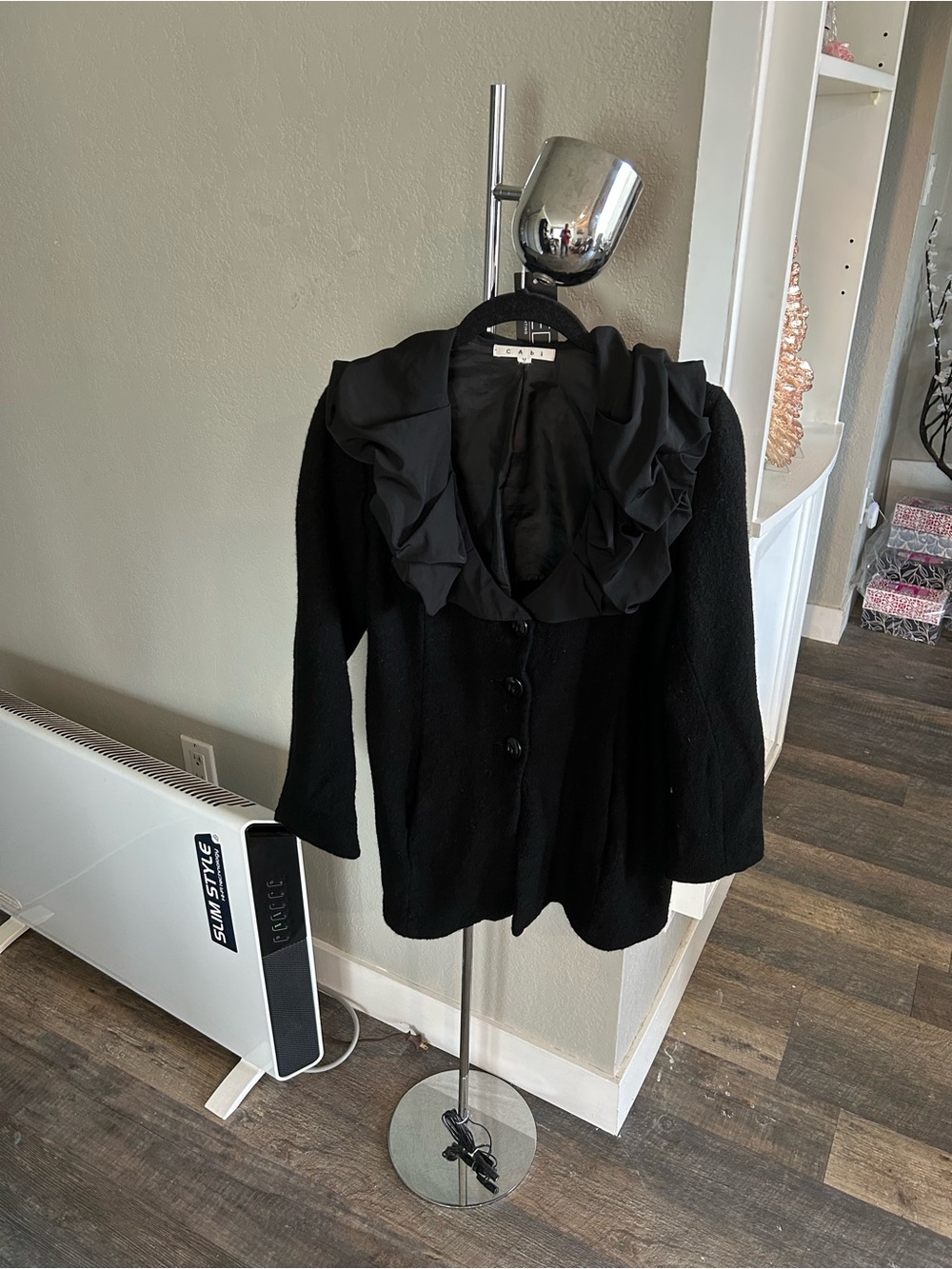 CAbi Black Ruffle Collar 100% Wool jacket